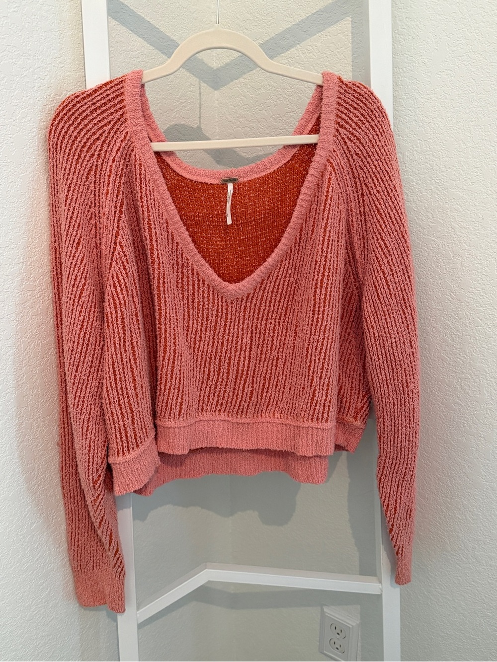 Free People Coral Two Tone Textured Knit V-Neck Sweater